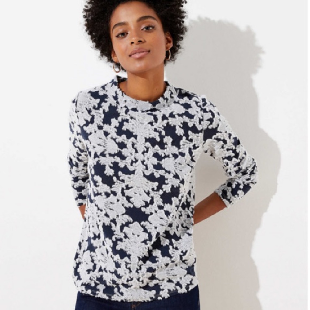 Loft Floral Ruffled Mock Neck Top - Graphite Blue